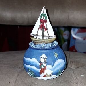 Holiday Sailboat with Lighthouse Scene Candle Holder  6" Tall. Candle Included